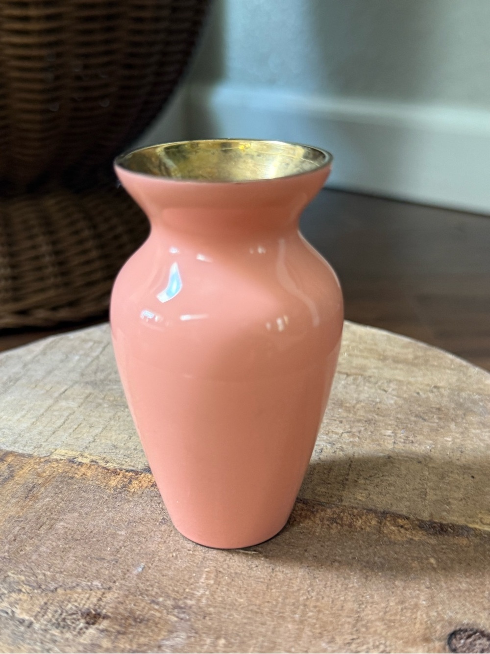 Vintage Miniature Pink Enamel On Brass Bud Vase 3.5” Tall RARE